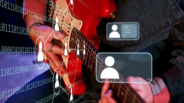 Binary stream appearing; guitar hands fretting, picking; nodes rising, cards sliding, showing links