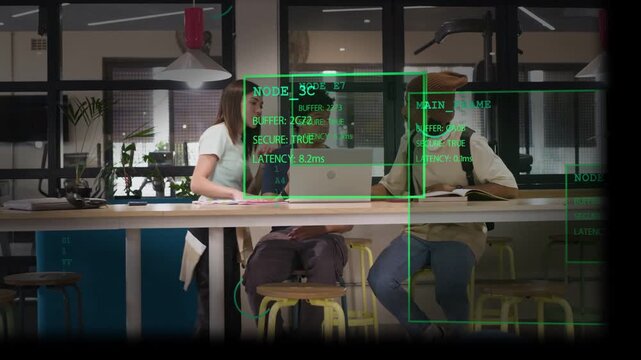 Woman walking left pointing at laptop HUD tracking data team sharing phone studying education