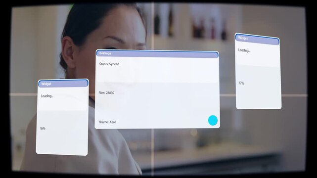 On start, woman presenter turning head while faint settings UI overlaying her, showing tech sync