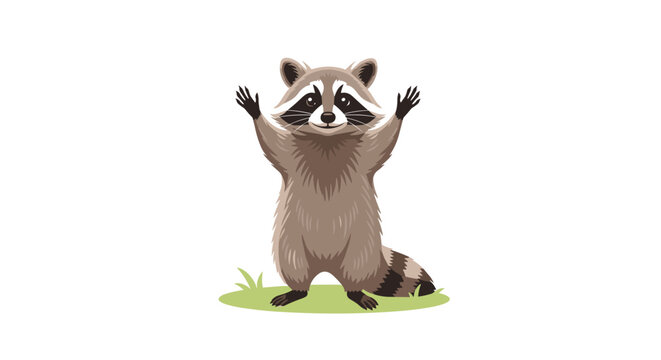 Cute cartoon raccoon character standing on green grass with arms raised in greeting or celebration on plain white background.