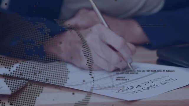 Staff lowering pen and filling form for meeting, dotted globe graphic moving across page as writing