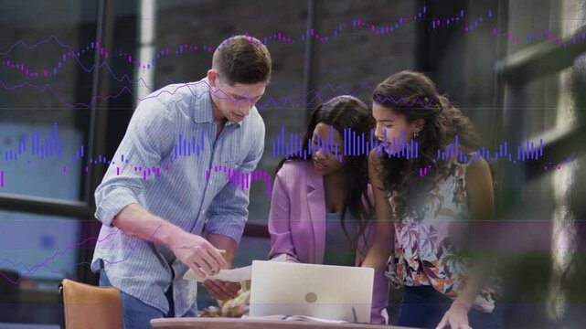 Man picking papers, team reviewing laptop, tablet for business, waveform overlaying documents