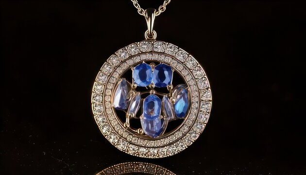 Elegant Sapphire and Diamond Pendant Necklace on Black Background.