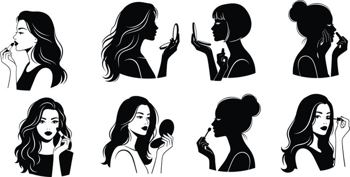 Set of eight black and white vector silhouettes featuring elegant women applying makeup and looking in a compact hand mirror.
