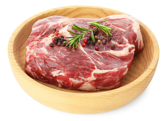 Fototapeta premium Raw ribeye beef steak, peppercorns and rosemary isolated on white