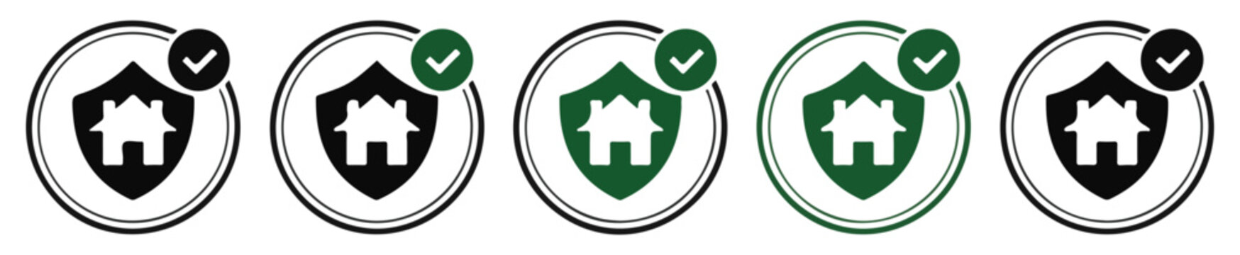 Residential property insurance badges with house inside shield and check mark symbols set design.