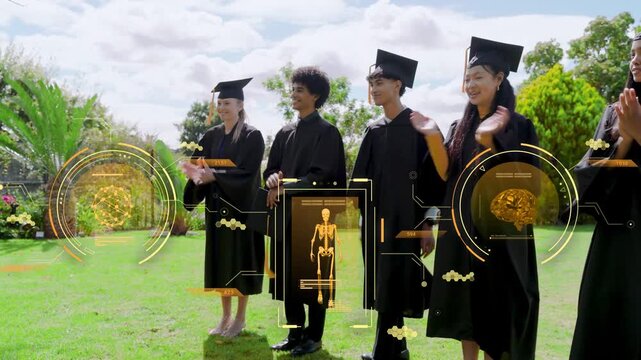Graduates on lawn hearing off-frame prompt, turning, clapping with gold AR HUD skeleton brain