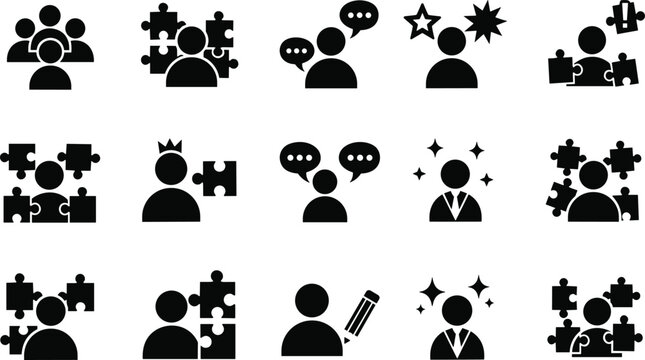 Set of fifteen black vector icons showing business teamwork, corporate communication, problem solving, leadership, creative thinking, and human mind concepts.