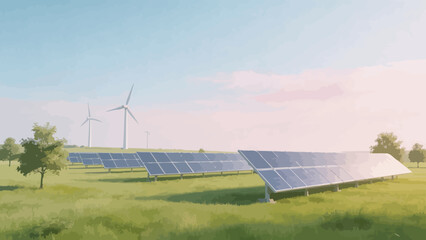 Solar panels and wind turbines in field © Phoenix