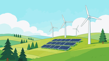 Renewable energy landscape with wind turbines and solar panels © Phoenix