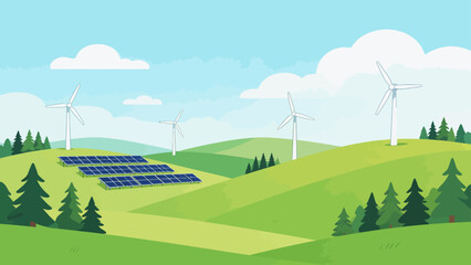 Renewable energy landscape with wind turbines and solar panels © Phoenix
