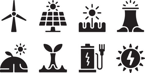 Fototapeta premium Diverse set of renewable energy icons including wind turbines solar panels geothermal and hydro power sources isolated on transparent background