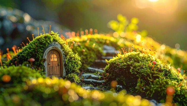 Enchanting Miniature Fairy House Nestled in Lush Mossy Forest Floor.