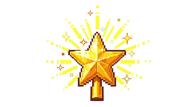 Golden Pixel Star Shining Brightly with Radiant Light.
