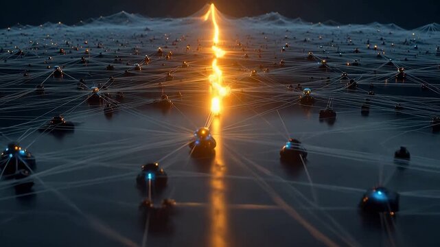 Abstract network with glowing path emphasizing industrial strength and manufacturing