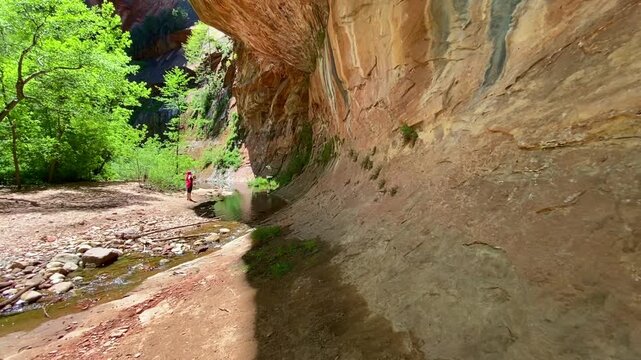 ⛰️ Arizona Red Wall:. Cinematic sweep along a massive red stone wall revealing a lush forest, distant mountain peaks, and a winding creek. A lone hiker is visible in the distance. Sunny day adventure 
