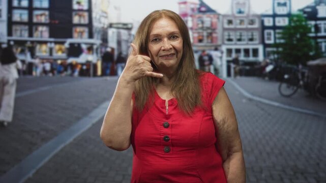 Woman with hand making a call gesture and winking in a street, wearing red dress and smiling; friendly joy.