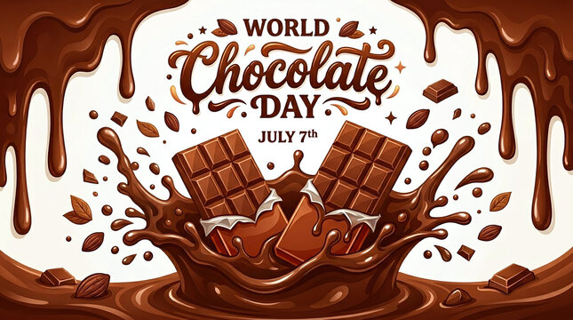 World chocolate day celebration with chocolate bars and liquid splash