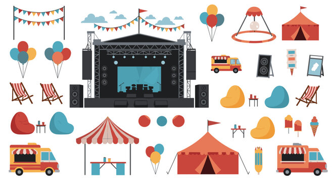 Large collection of festival and fairground icons including a concert stage food trucks tents and colorful balloons.