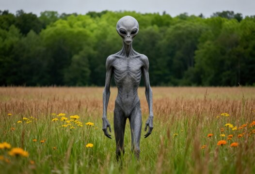 Tall grey alien stands in a grassy field with yellow flowers, sci-fi encounter