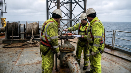 Naklejka premium Three Offshore Workers in Hi-Vis Coveralls Inspecting Valve and Pressure Gauge on Ship Deck in Rough Sea Conditions