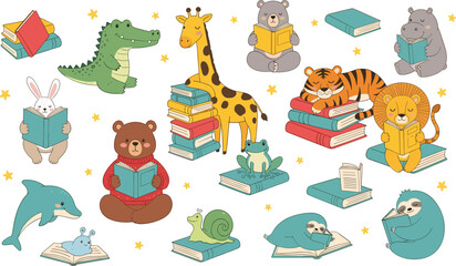 Fototapeta premium Set of Cute Cartoon Animals Including Bear, Tiger, Giraffe, Dolphin, and More Reading Books for Educational and Animal-Themed Designs