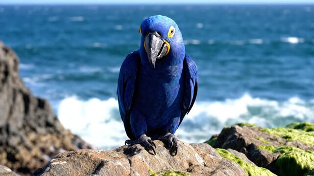 Vibrant Hyacinth Macaw on a Rocky Outcrop Overlooking the Sparkling Blue Ocean with a Squawk