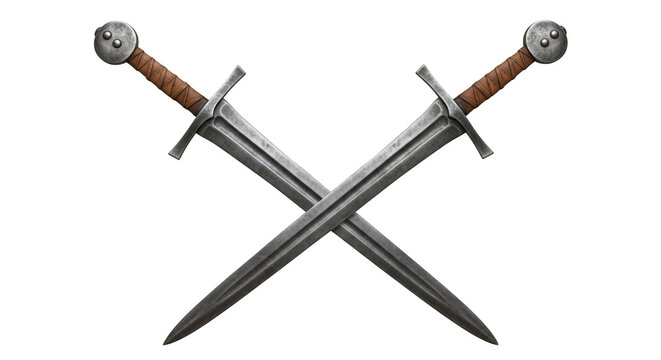 Two crossed medieval swords with ornate handles and scabbards