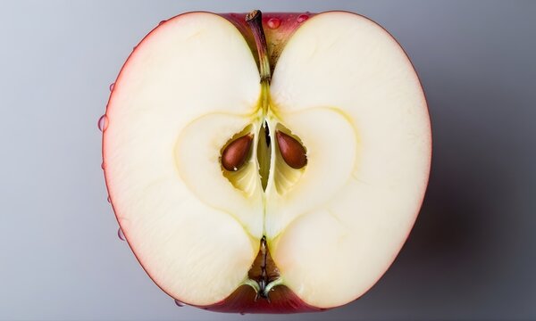 Close-up macro shot of a fresh red apple sliced in half revealing the core and seeds on a neutral background