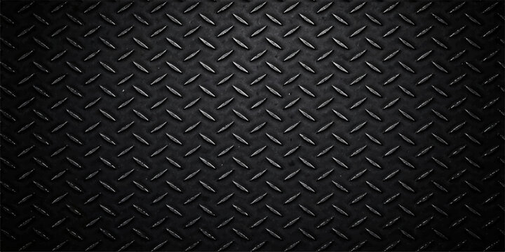 Black diamond plate metal texture background, dark steel tread pattern with raised rhombus design, rugged industrial chrome surface for construction and design