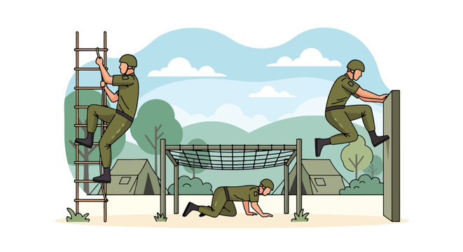 Flat style vector illustration of soldiers performing obstacle course training outdoors, representing endurance, physical fitness, discipline, and military preparation activities