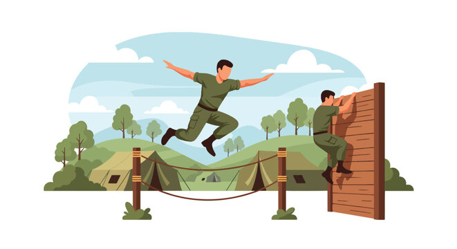 Flat style vector illustration of soldiers performing obstacle course training outdoors, representing endurance, physical fitness, discipline, and military preparation activities