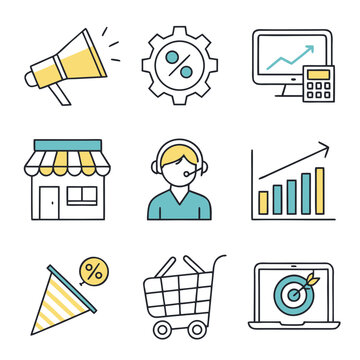 Collection of business and ecommerce related icons including megaphone, gear, computer, store, customer service, graph, flag, shopping cart, and laptop with target on screen