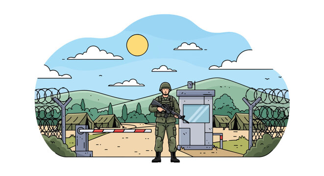 Flat style vector illustration of soldiers standing guard at base checkpoint, representing security control, protection, and restricted access in defense environment