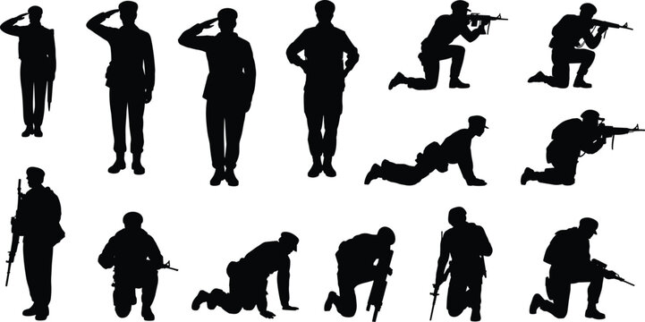 Soldier silhouettes, military poses, combat stances, rifle aiming, saluting figure, crawling soldier, kneeling position, crouching stance, ceremonial military illustration