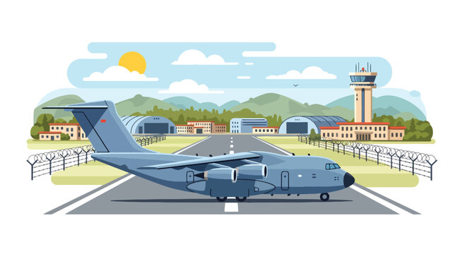 Flat style vector illustration of military transport aircraft on runway, representing logistics, mobility, and large-scale supply operations in defense system