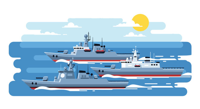 Flat style vector illustration of naval fleet ships sailing in formation, representing maritime security, naval defense operations, and coordinated military movement