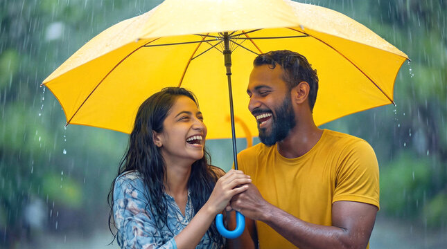 Happy South Asian couple laughing under yellow umbrella during rain. Romantic young man and woman sharing joyful moment outdoors in wet weather.
