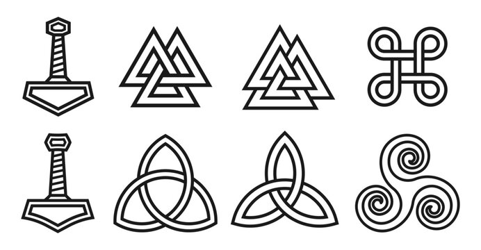 Pagan symbol collection. Valknut, triquetra and celtic infinity knot sign. Triskelion and trinity symbol.  Looped square icon. Thor hammer mjolnir. Norse viking culture logo. Vector illustration image