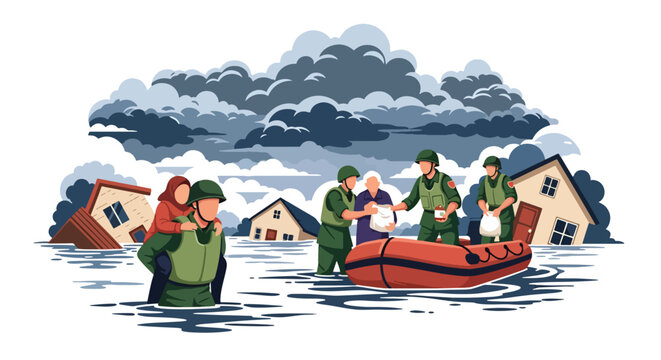 Flat style vector illustration of soldiers helping civilians during disaster flood relief, representing humanitarian aid, support services, and emergency response efforts