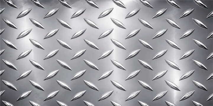 Close up diamond plate steel texture background, silver metallic tread pattern with raised rhombus design, industrial chrome surface for construction design