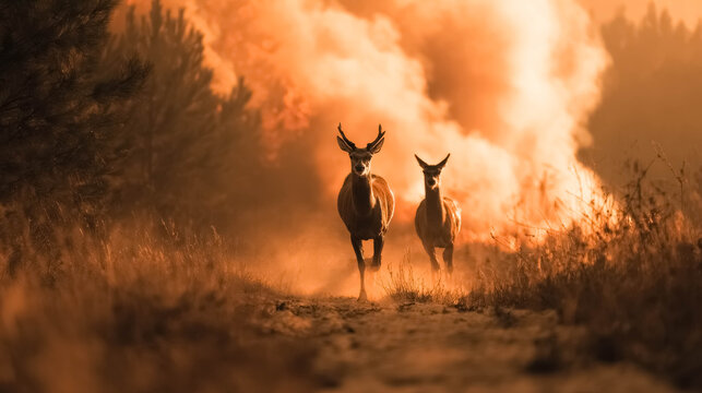 Wild animals fleeing forest wildfire, dramatic environmental disaster, climate change crisis and wildlife survival concept
