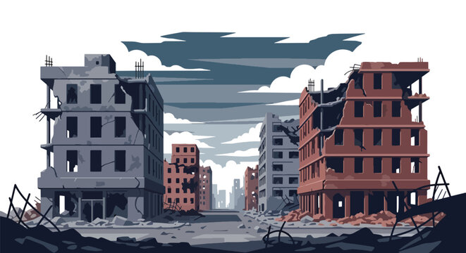 Flat style vector illustration of destroyed city buildings after war with broken structures and empty streets, representing urban devastation, conflict impact, and post-war environment