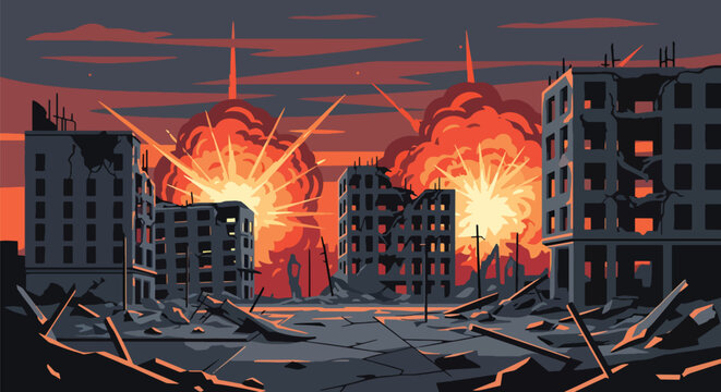 Flat style vector illustration of destroyed city buildings after war with broken structures and empty streets, representing urban devastation, conflict impact, and post-war environment