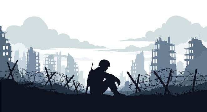 Flat style vector illustration of soldier silhouette sitting alone in destroyed city, representing emotional impact of war, isolation, stress, and human side of conflict