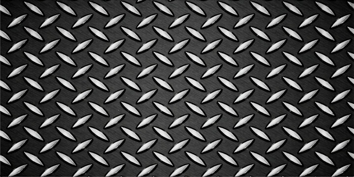 Industrial diamond plate metal texture, checker tread steel background, brushed silver surface, geometric pattern, slip resistant flooring design, durable industrial material
