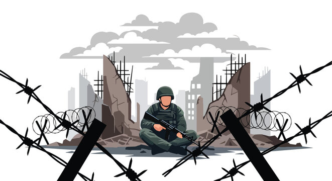 Flat style vector illustration of soldier silhouette sitting alone in destroyed city, representing emotional impact of war, isolation, stress, and human side of conflict