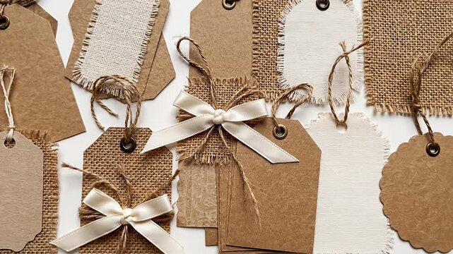 Craft paper tags with linen and ribbon elements on a white surface