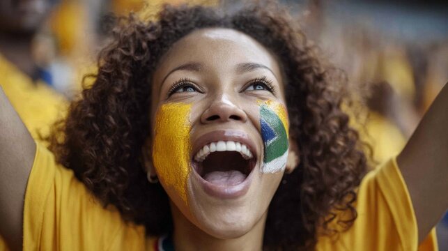 Euphoric woman in a football stadium with her face painted with the colors of the South African flag, cheering and supporting her team.