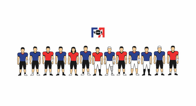 Diverse Group of American Football Players Standing in Uniform.
